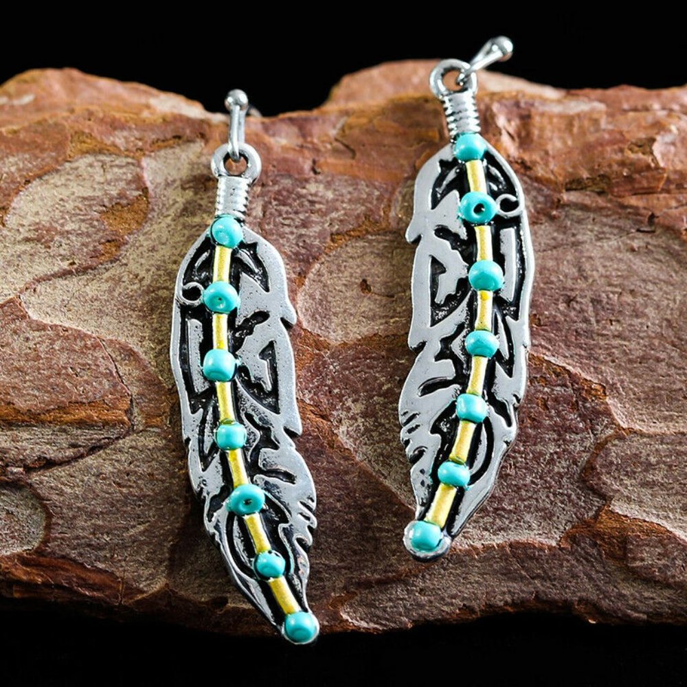 Antique Silver Feather Turquoise Bead Drop Dangle Hook Earrings Bohemia - Picture 5 of 7